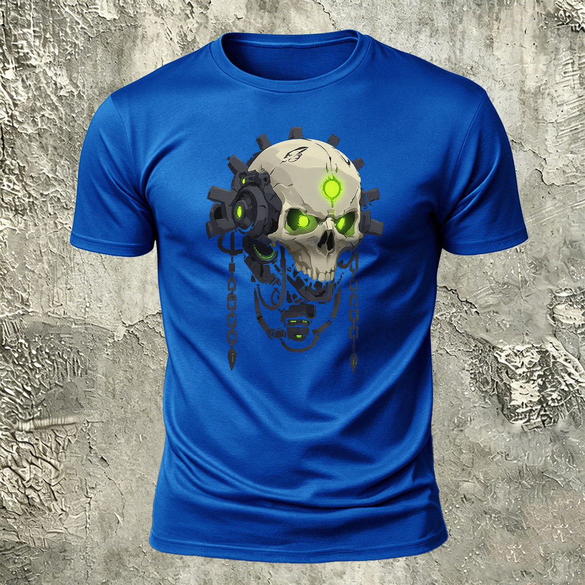 Mechanical Skull Print Cotton Crew Neck T-Shirt