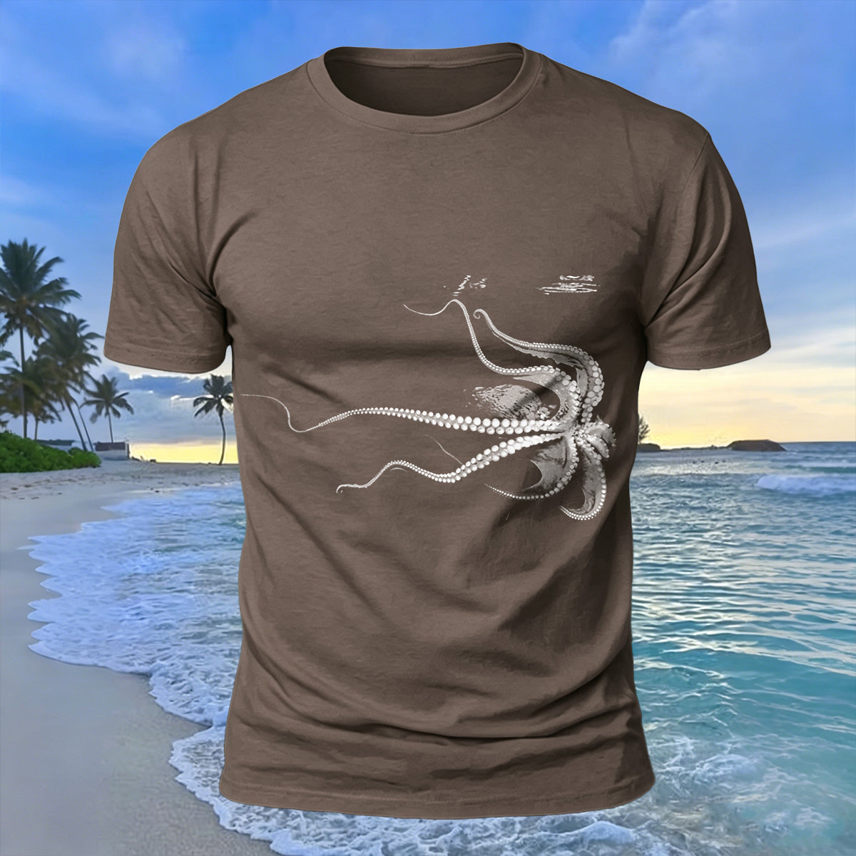 Octopus Silhouette Print Casual Cotton T-Shirt