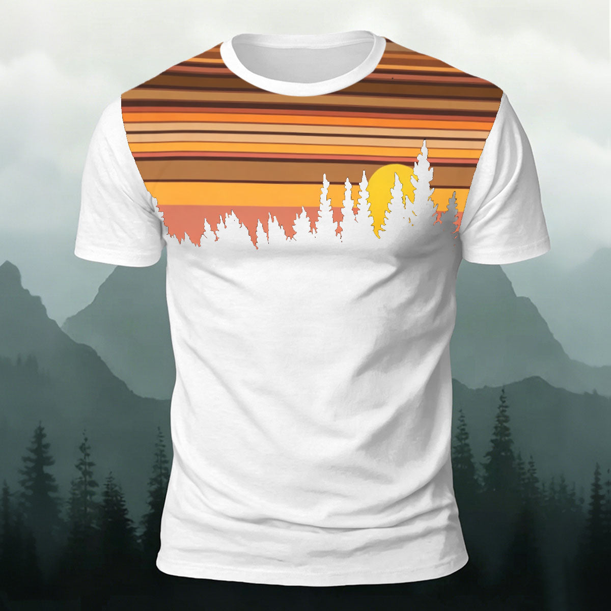 Sunset Scenery Printed Mountain-style Cotton T-Shirt White
