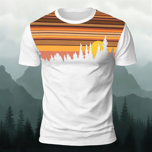 Sunset Scenery Printed Mountain-style Cotton T-Shirt White