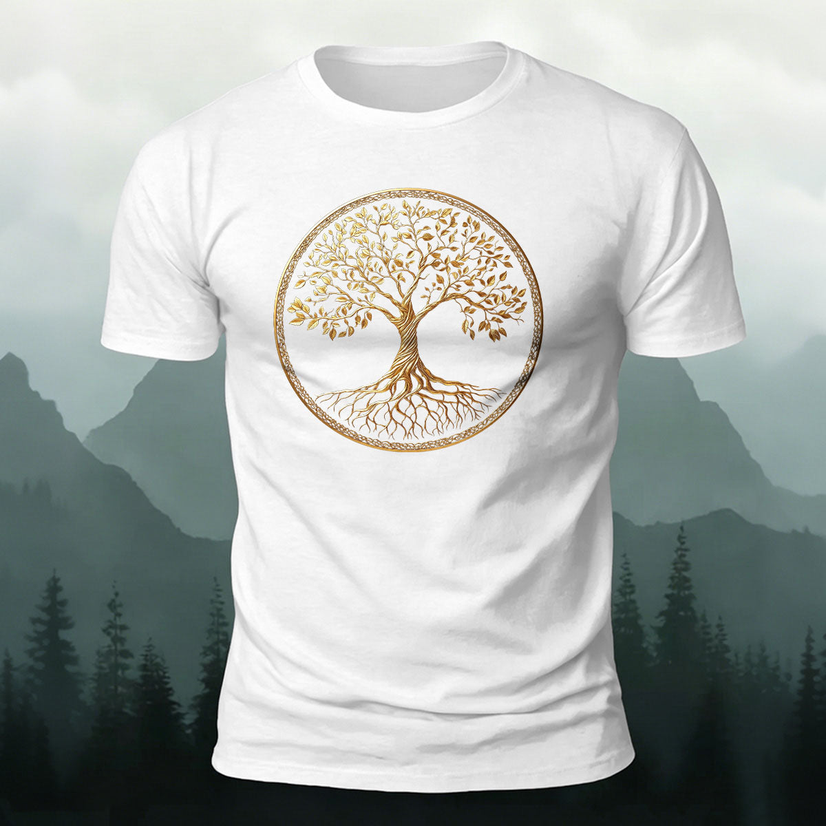 Golden Tree of Life Printed Cotton Crew Neck T-Shirt