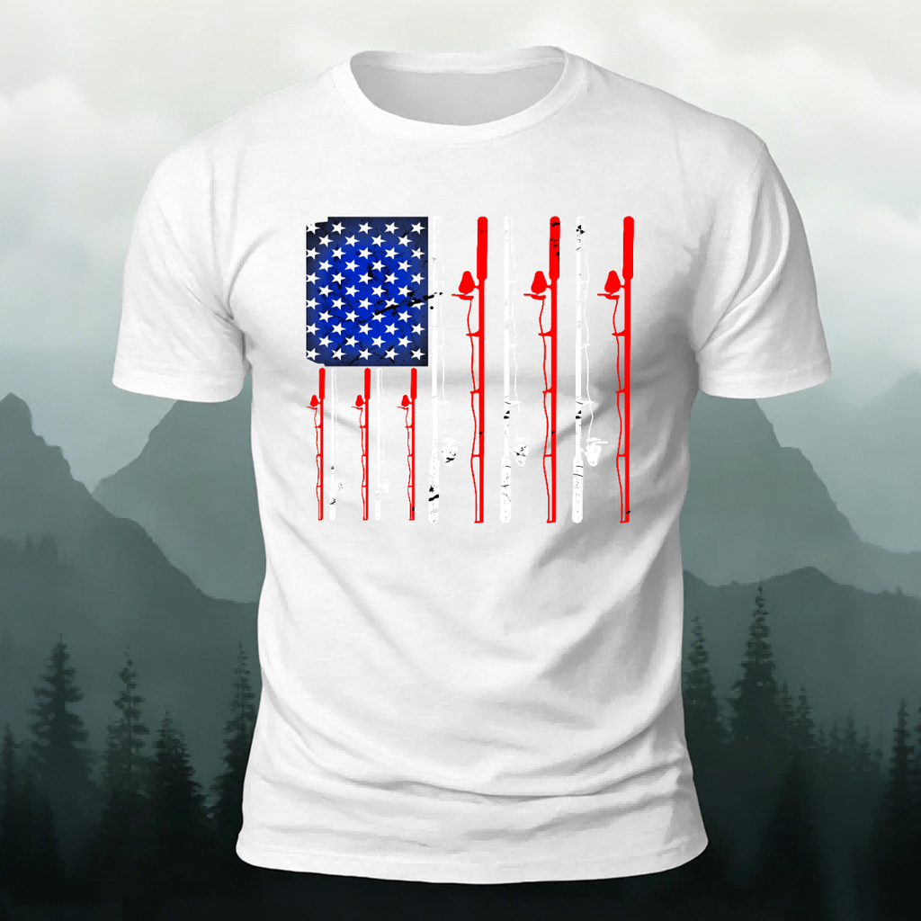 American-style Fishing Rod Pattern Cotton T-shirt White