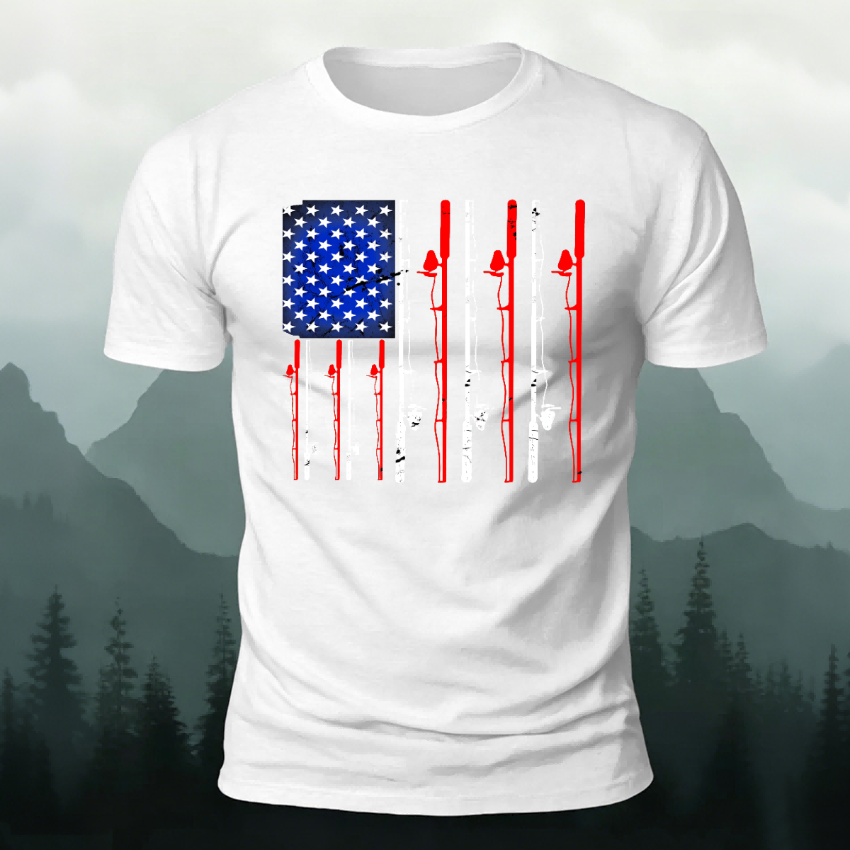 American-style Fishing Rod Pattern Cotton T-shirt White
