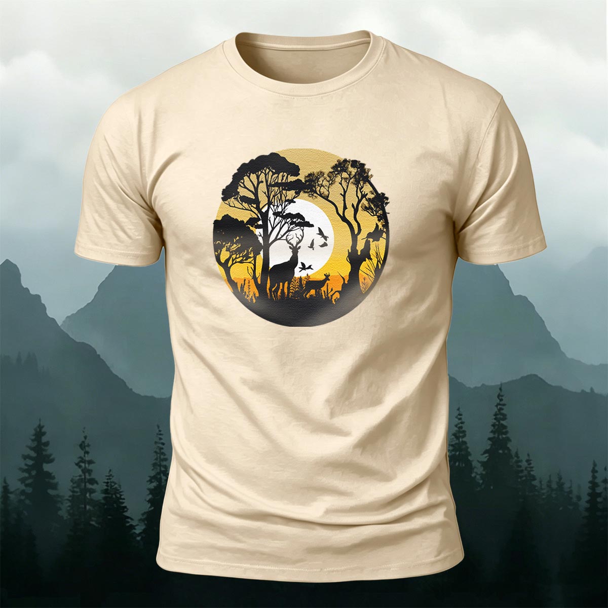 Lone Wolf in the Twilight Forest Printed Cotton Crew Neck T-Shirt