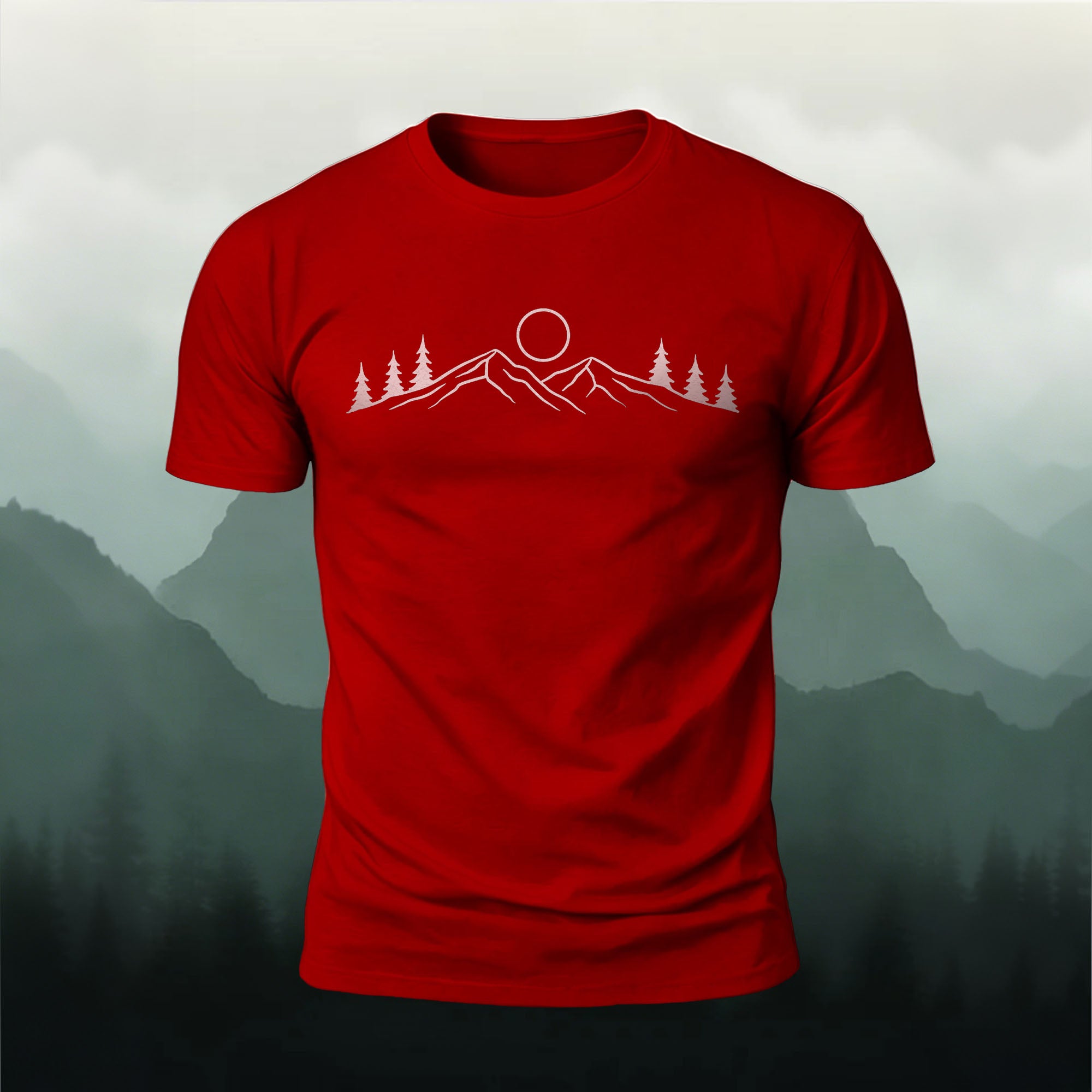 Sunrise Mountain Forest Print Casual T-Shirt