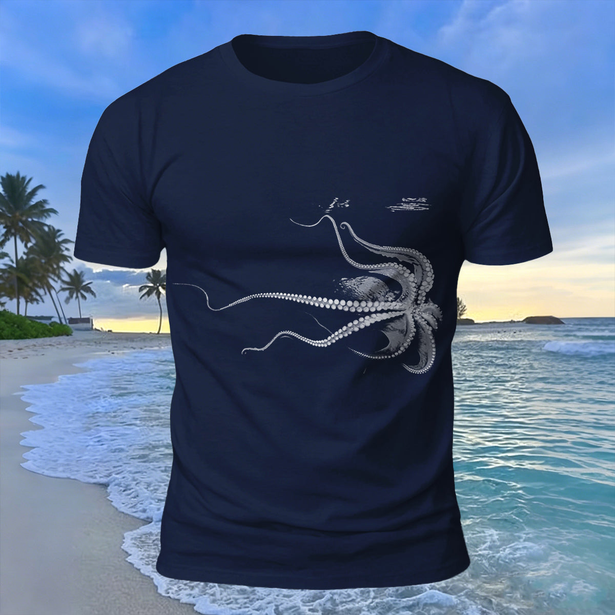 Octopus Silhouette Print Casual Cotton T-Shirt