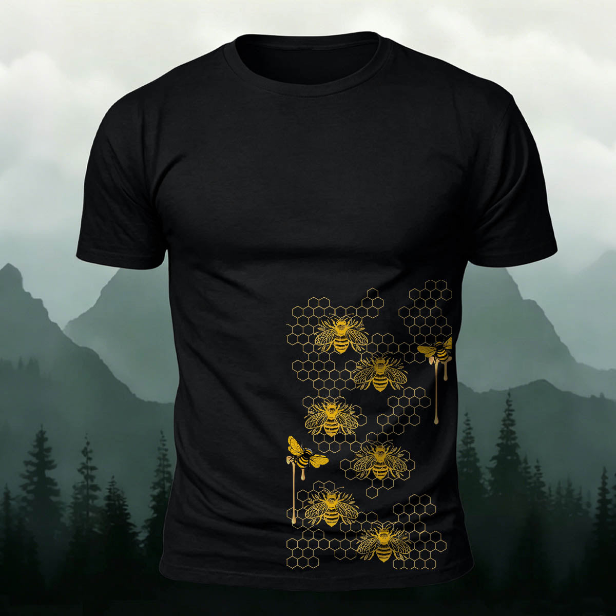 Bees Pattern Natural Casual Premium Cotton T-Shirt Black