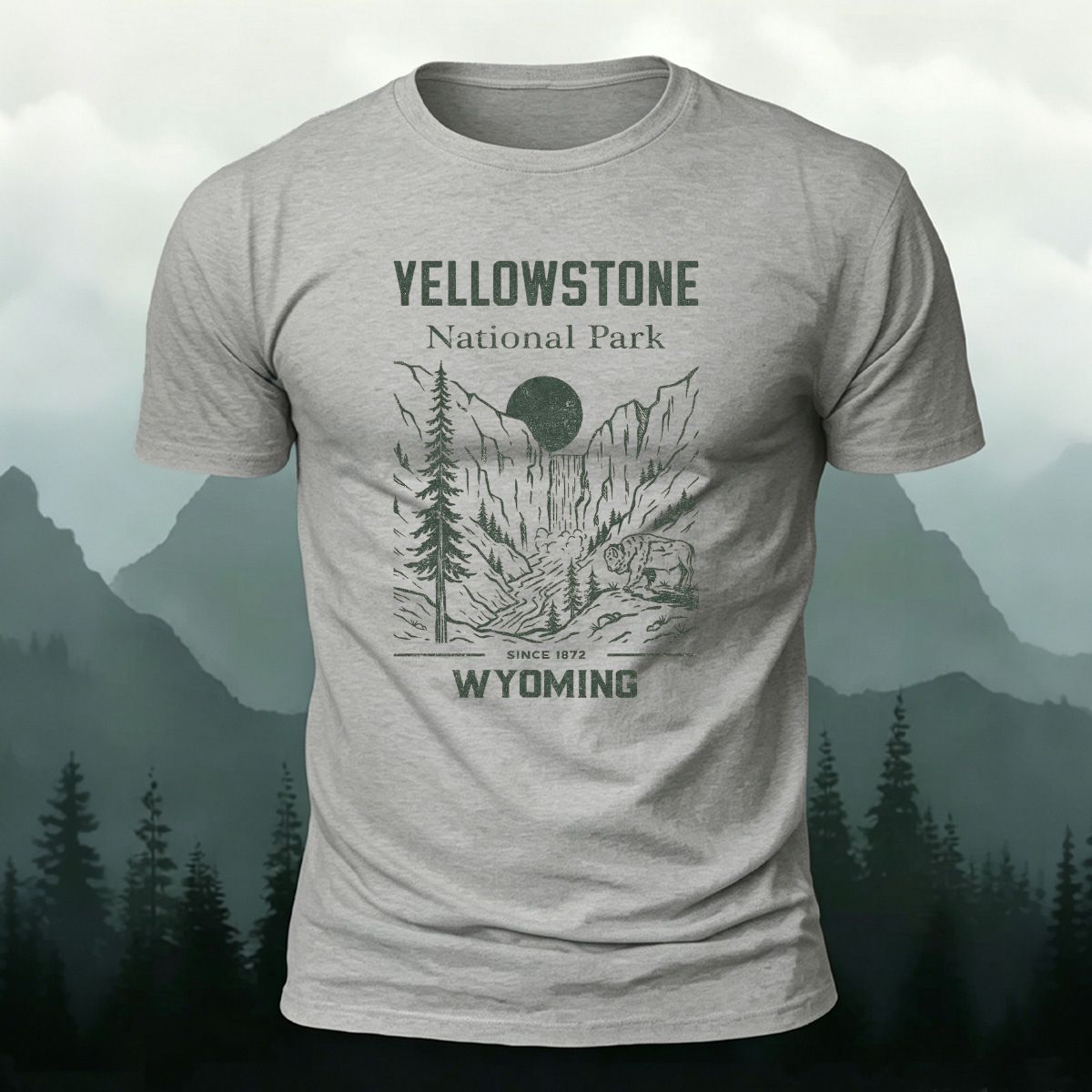 Valley Scenery Pattern Casual Premium Cotton T-Shirt Grey
