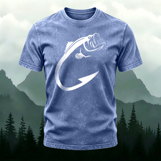 Minimalist Fish Pattern Outdoor Casual Washed Cotton T-Shirt  Deep blue