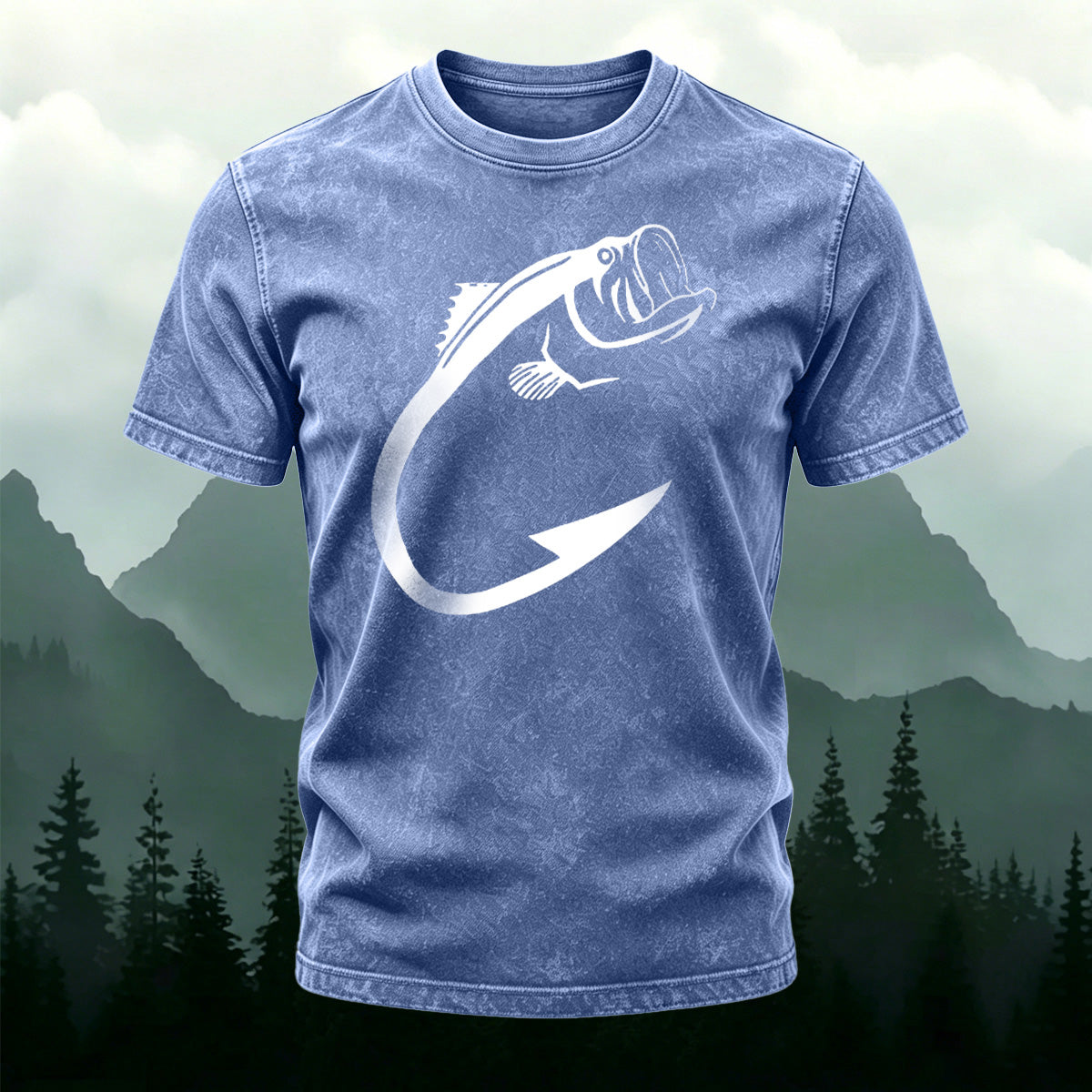 Minimalist Fish Pattern Outdoor Casual Washed Cotton T-Shirt  Deep blue