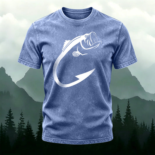 Minimalist Fish Pattern Outdoor Casual Washed Cotton T-Shirt  Deep blue