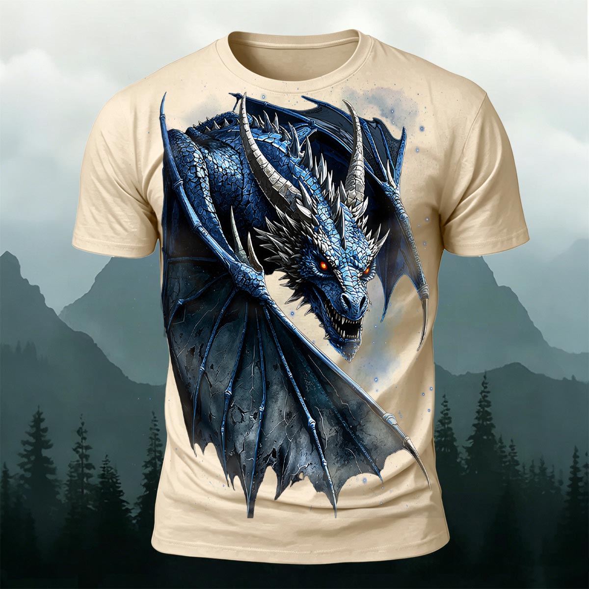 Fierce Dragon Print Cool Casual Premium Cotton T-Shirt Beige