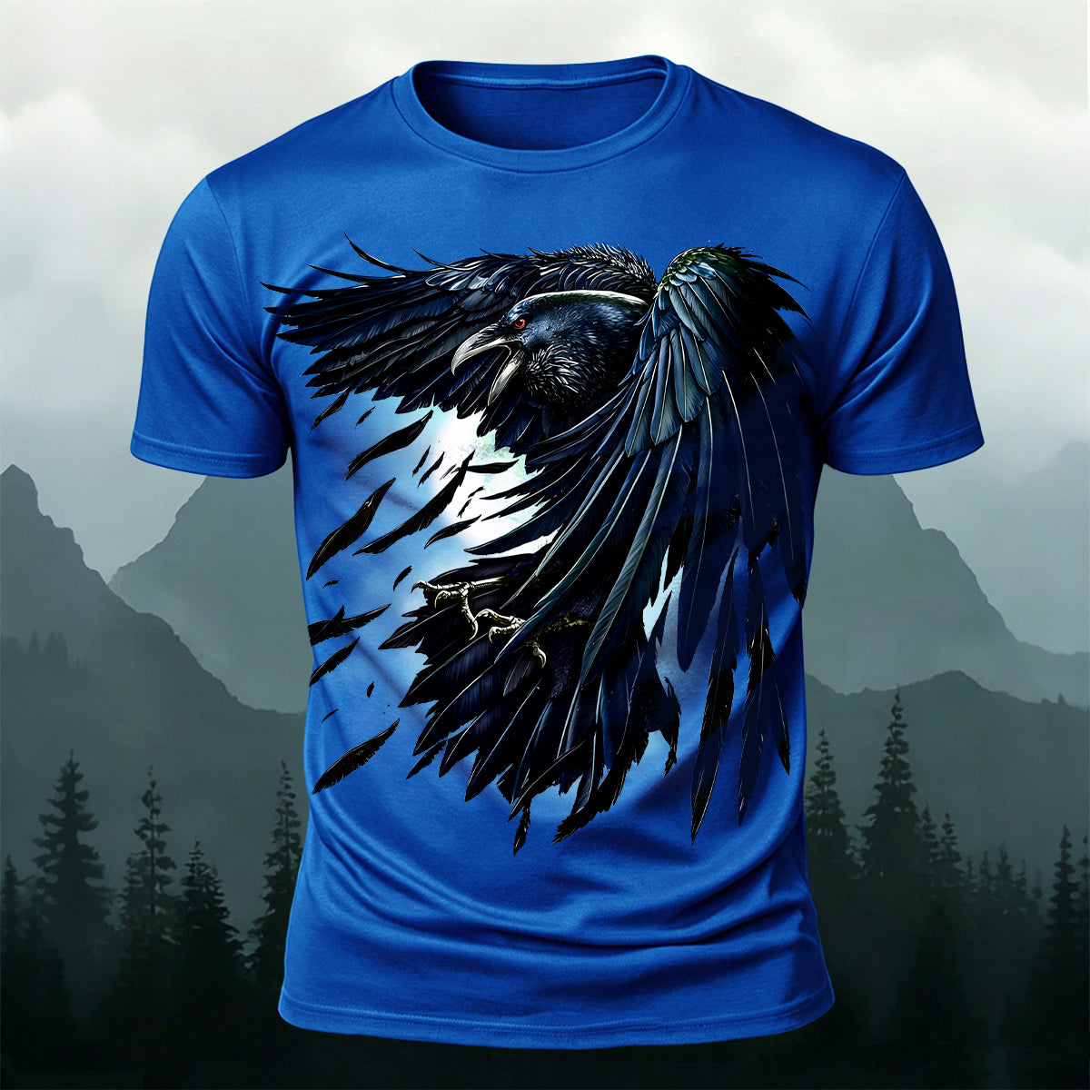 Retro Black Crow Feather Print Casual T-Shirt