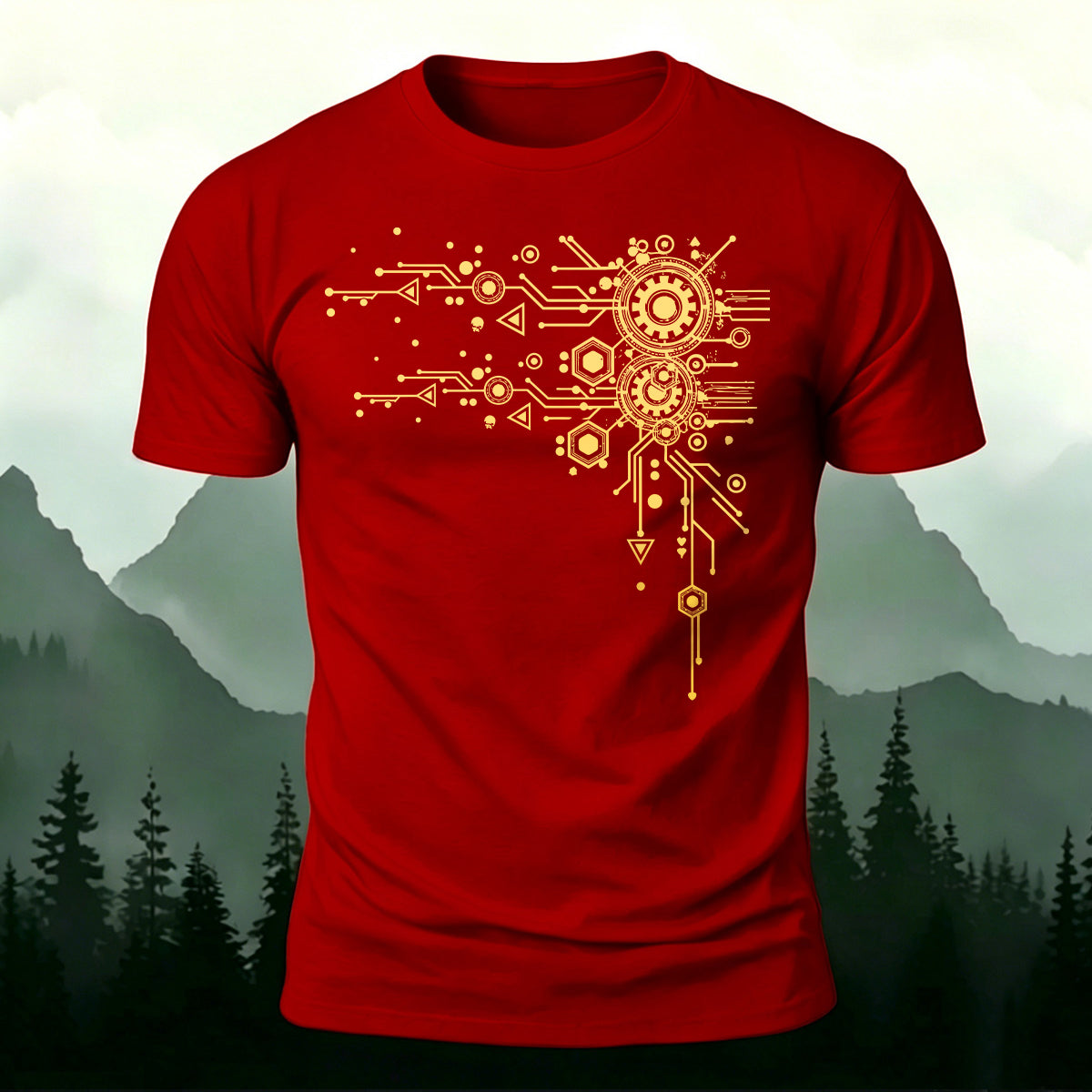 Creative Geometric Mechanical Premium Cotton T-Shirt Red