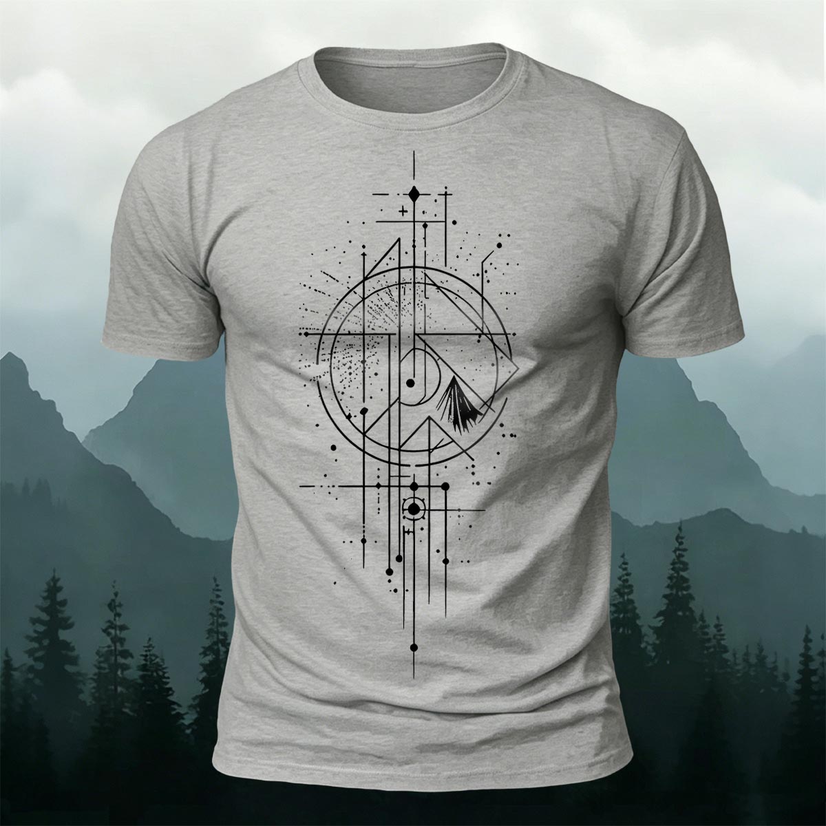 Line Gradient Mountain Print Premium Cotton T-Shirt Grey