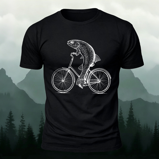 Fish Riding Bicycle Fun Pattern Cotton Casual T-Shirt Black