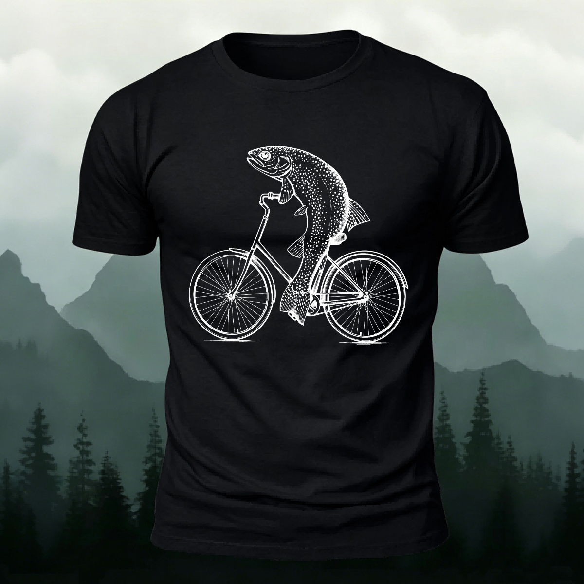 Fish Riding Bicycle Fun Pattern Cotton Casual T-Shirt Black
