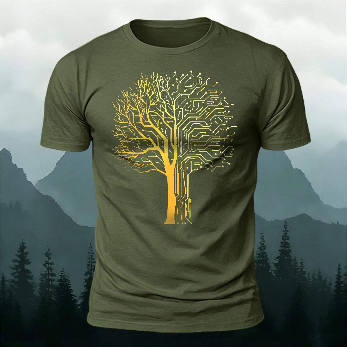 Tech-inspired tree print combed cotton T-shirt