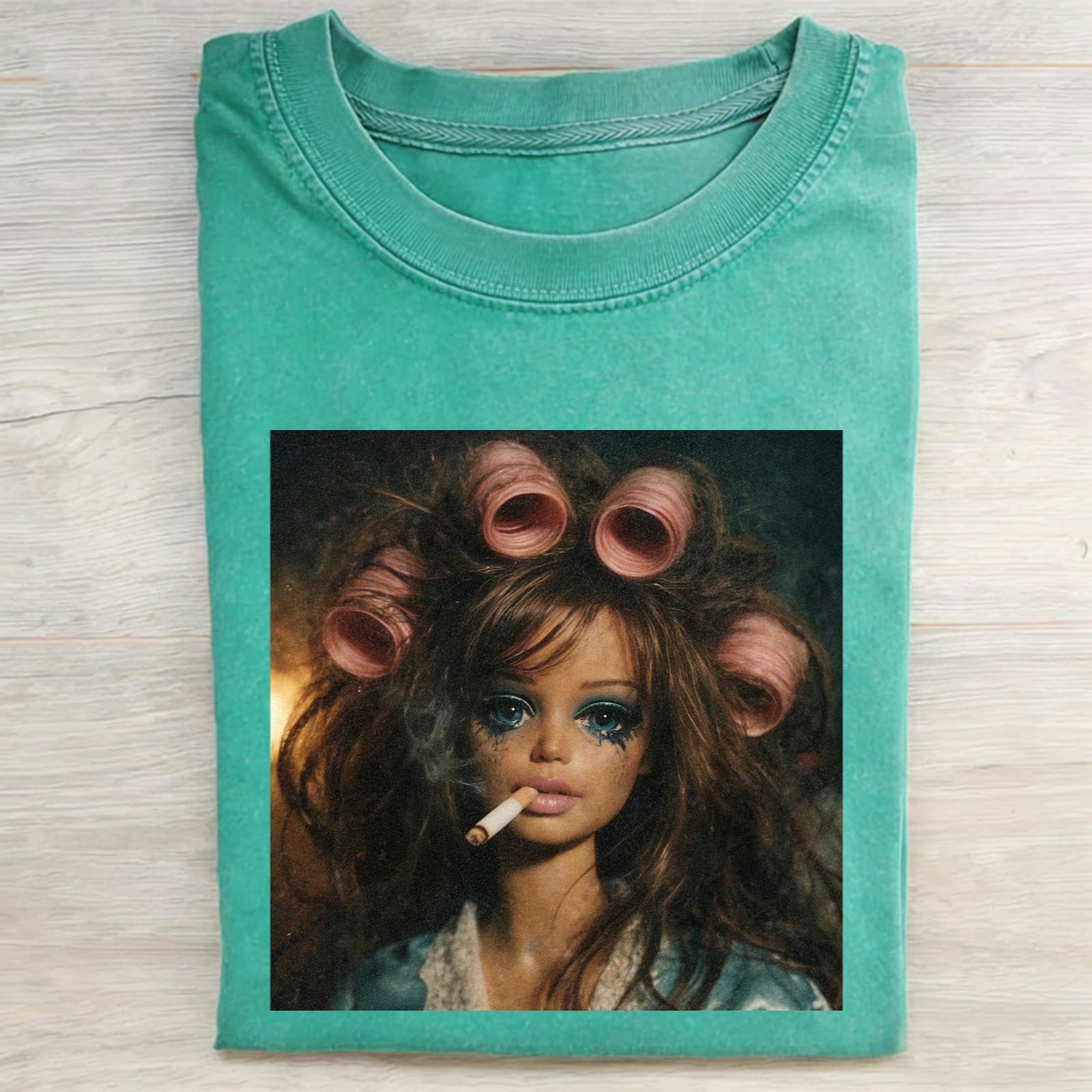 MEME Smoking Print Washed Cotton Crew Neck T-Shirt