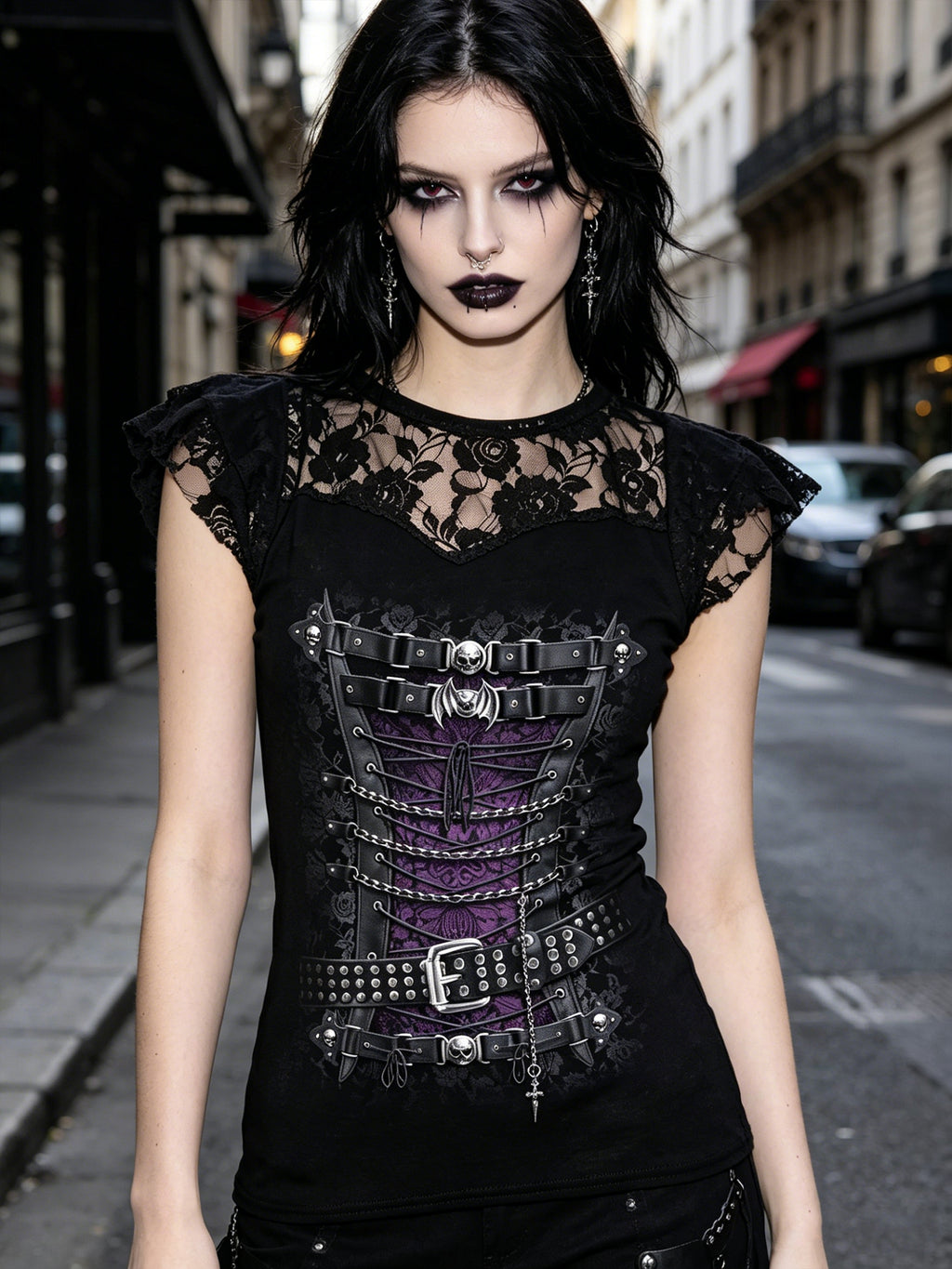 Dark Gothic Print Lace Fashion Women's Top