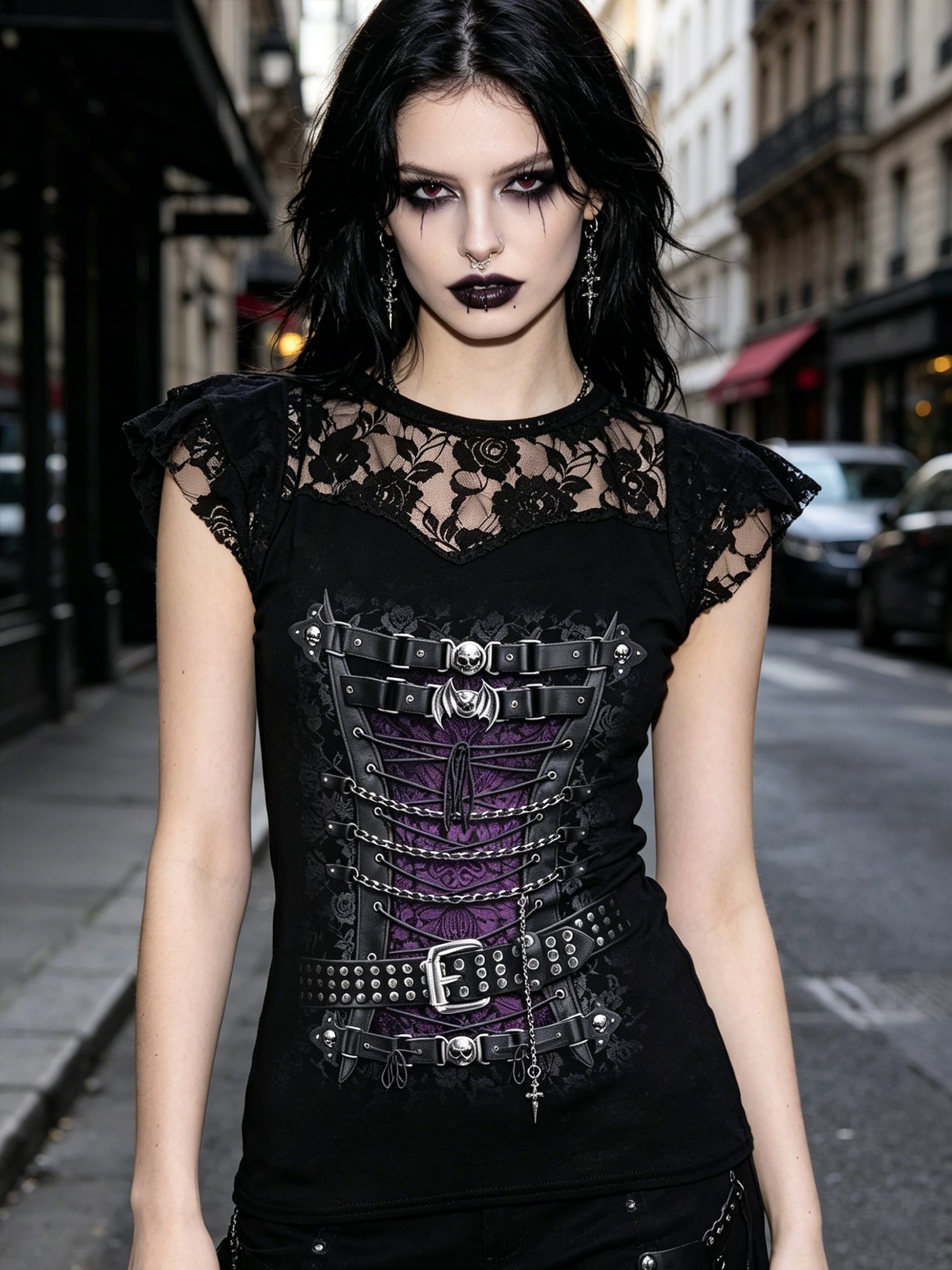 Dark Gothic Print Lace Fashion Women's Top
