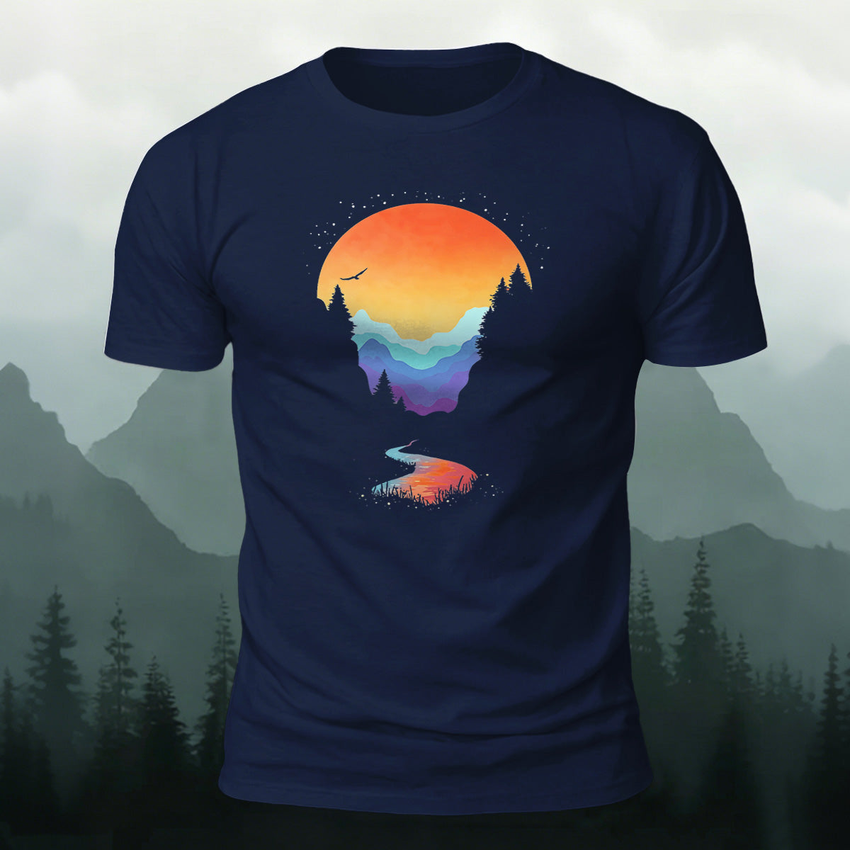 Sunset Scenery Printed Natural Style Skin-friendly T-Shirt Navy