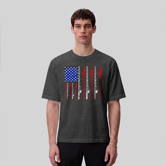 American-style Fishing Rod Pattern Cotton T-shirt