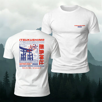 Cotton Japanese-Style Shrine Illustration Print Casual T-Shirt
