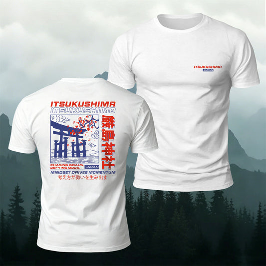 Cotton Japanese-Style Shrine Illustration Print Casual T-Shirt