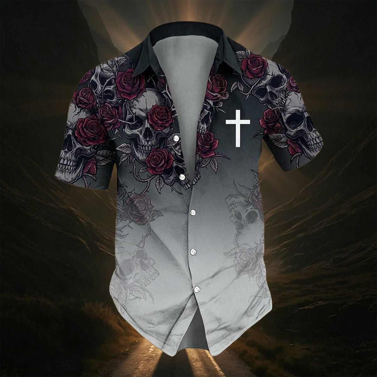 Rose Skull Print Men's Black Gradient Shirt