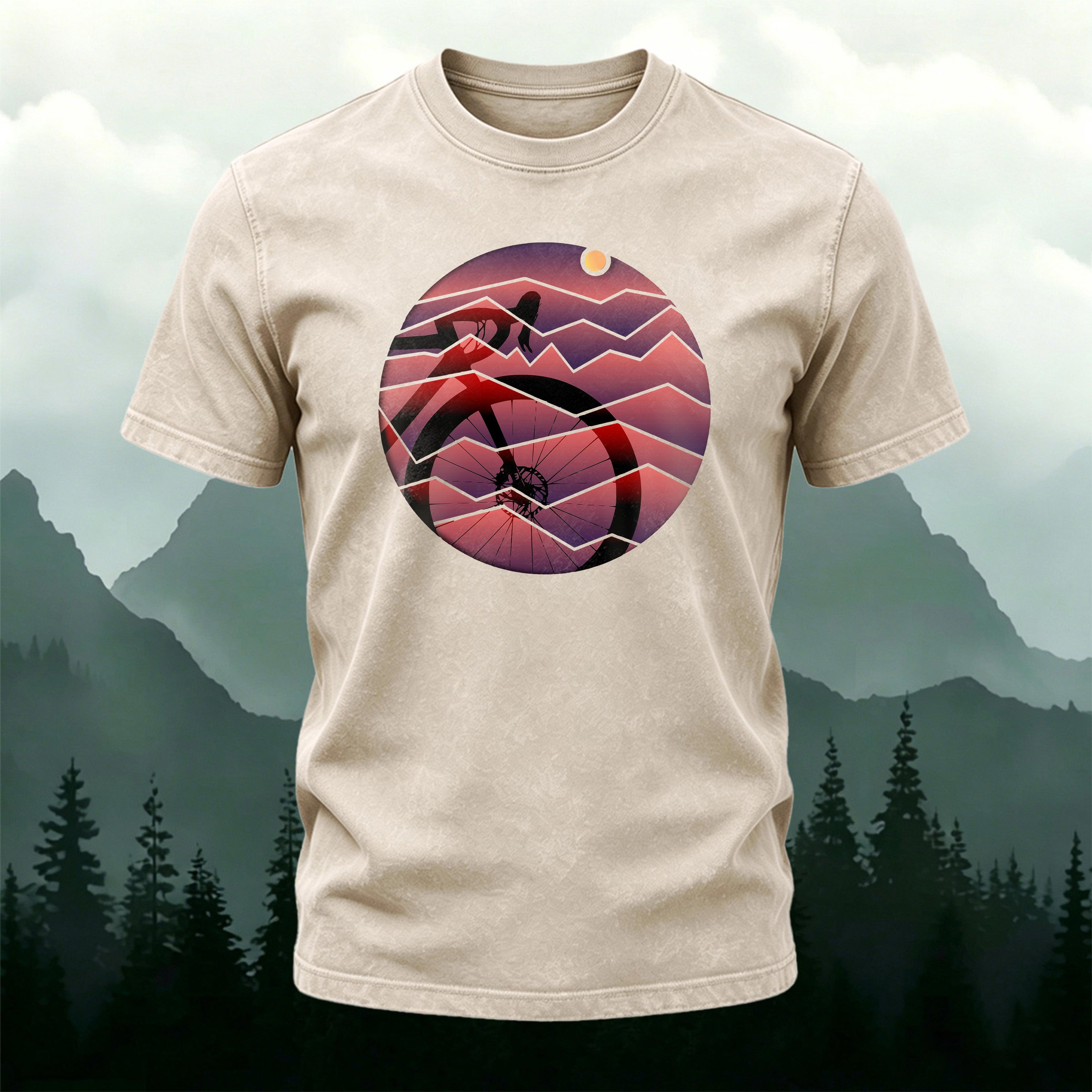 Bicycle Sunset Print Casual Washed Cotton T-Shirt