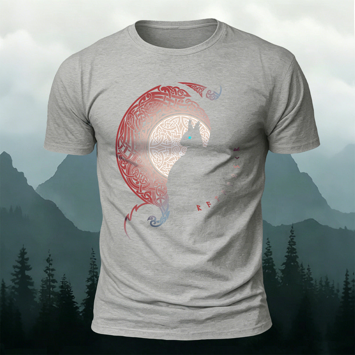 Cold-Eyed Giant Wolf Silhouette Mythical Design Cotton Tee