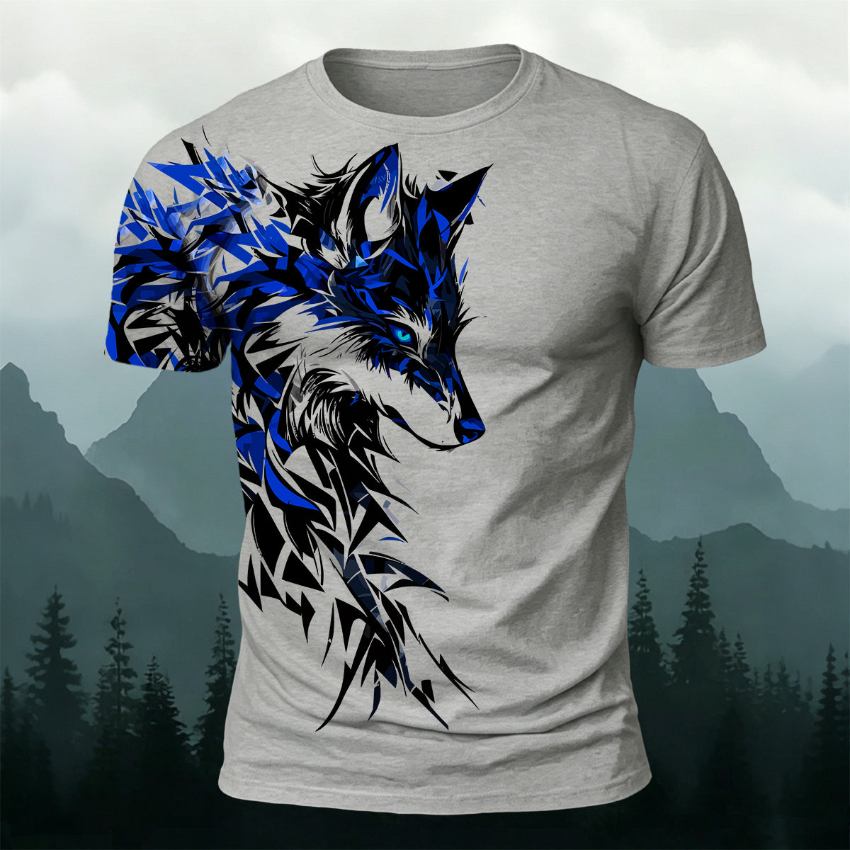 Vintage Giant Wolf Mythology Print Casual Cotton T-Shirt