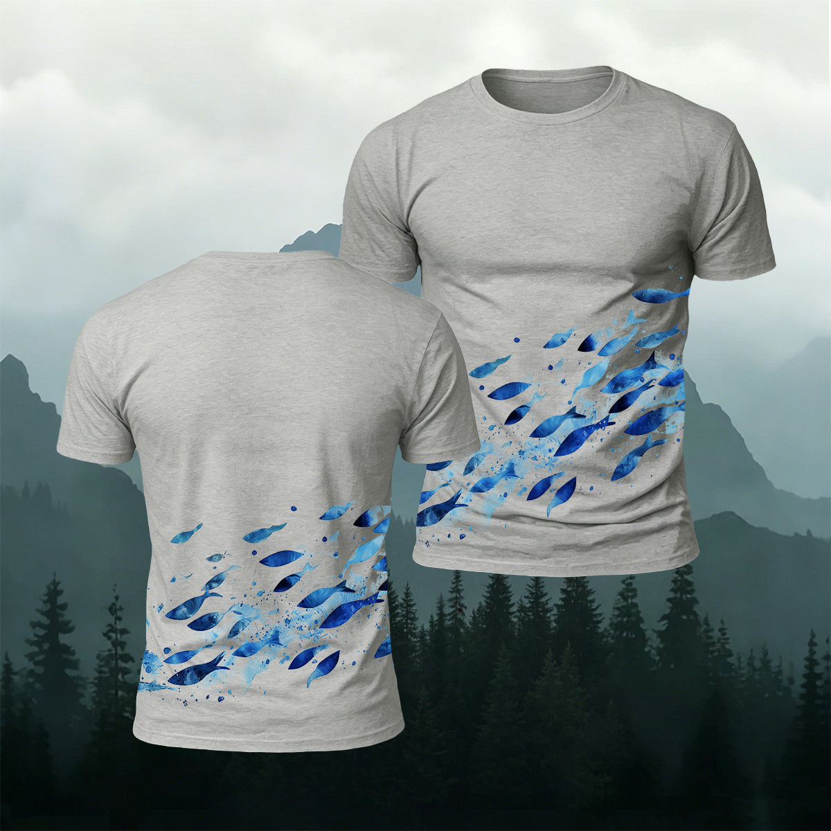 Blue Sardine Print Casual Cotton T-Shirt