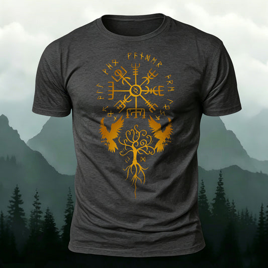 Combed Cotton Vintage Viking Motif Printed T-Shirt