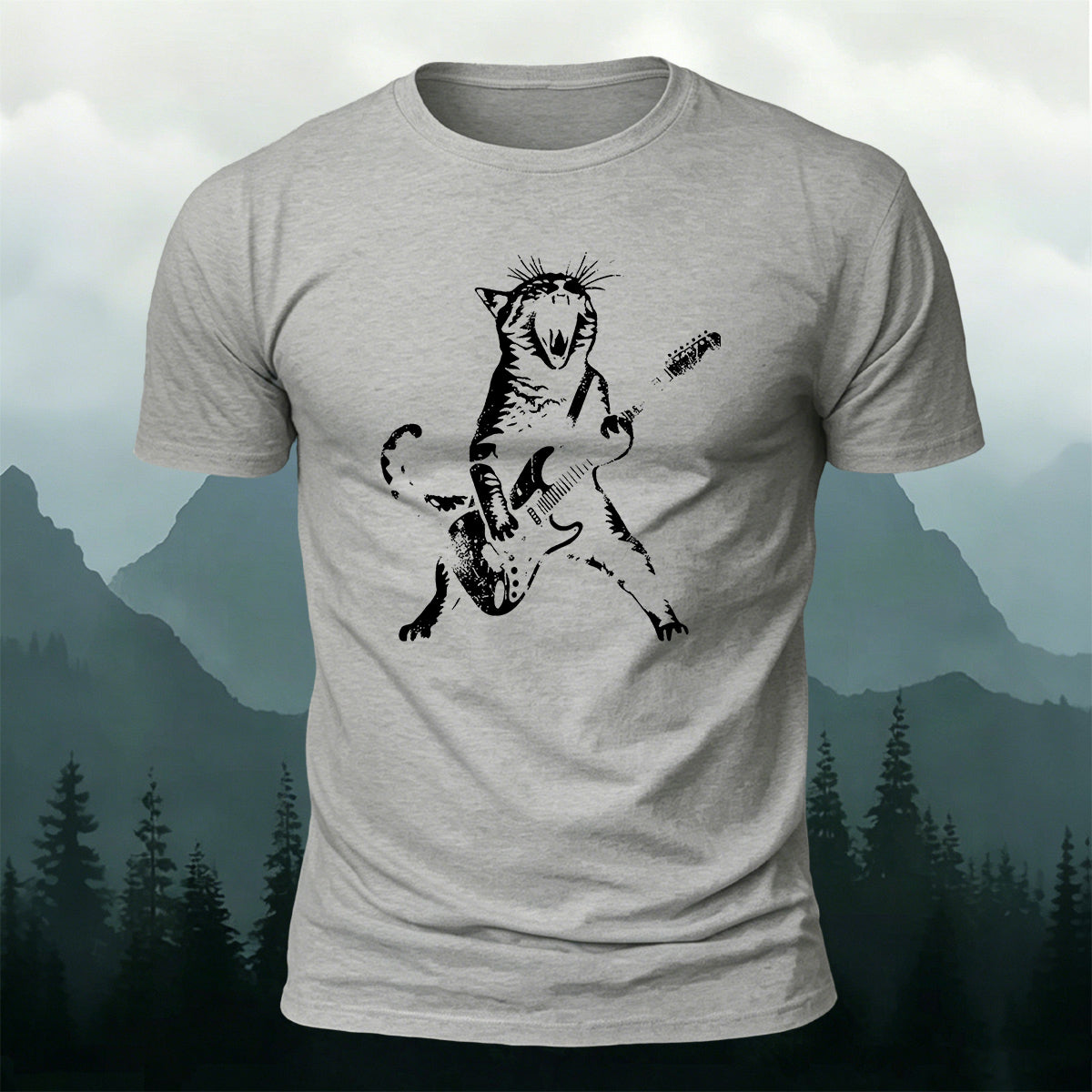 Cotton Rock ‘n’ Roll Cat Print Casual T-Shirt