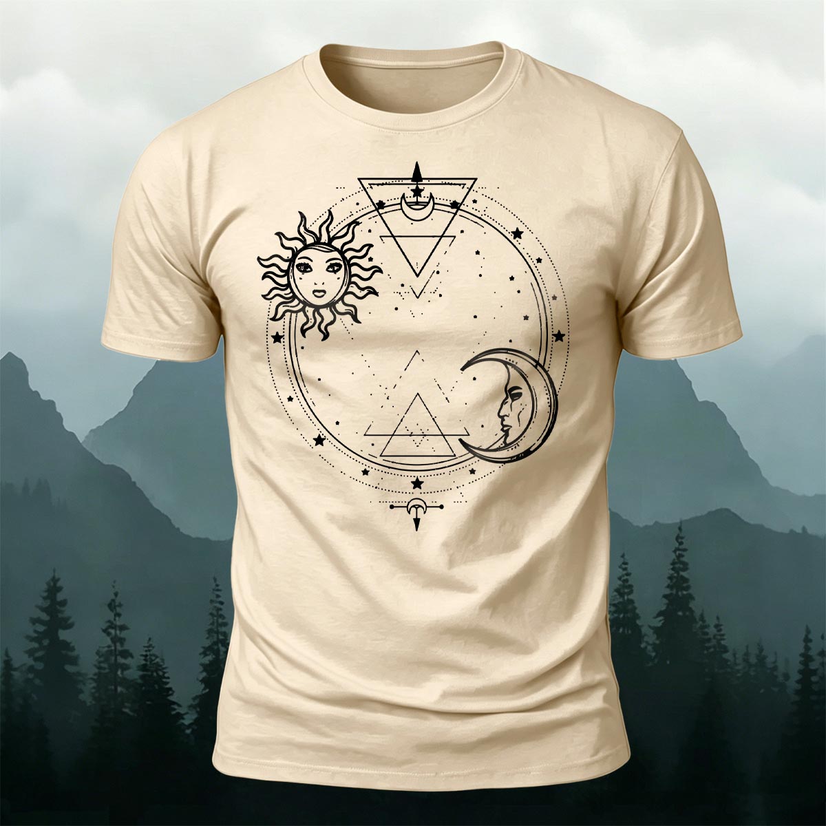 Sun and Moon Print Casual Cotton T-Shirt Beige