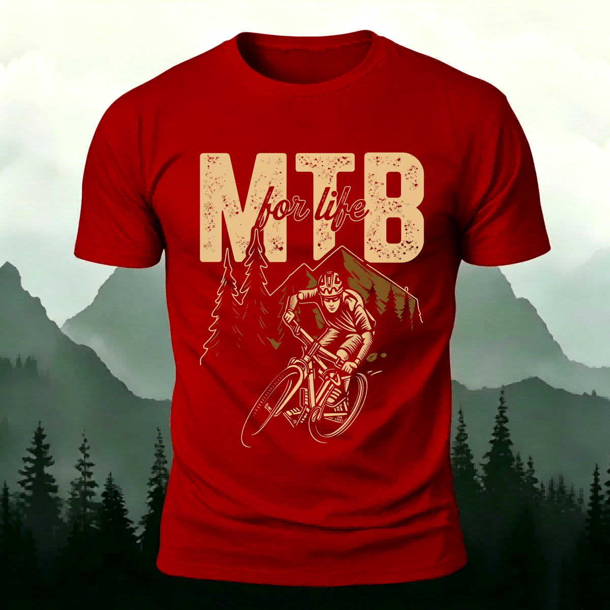 Cycling Life Print Soft-touch Feel Casual T-Shirt Red