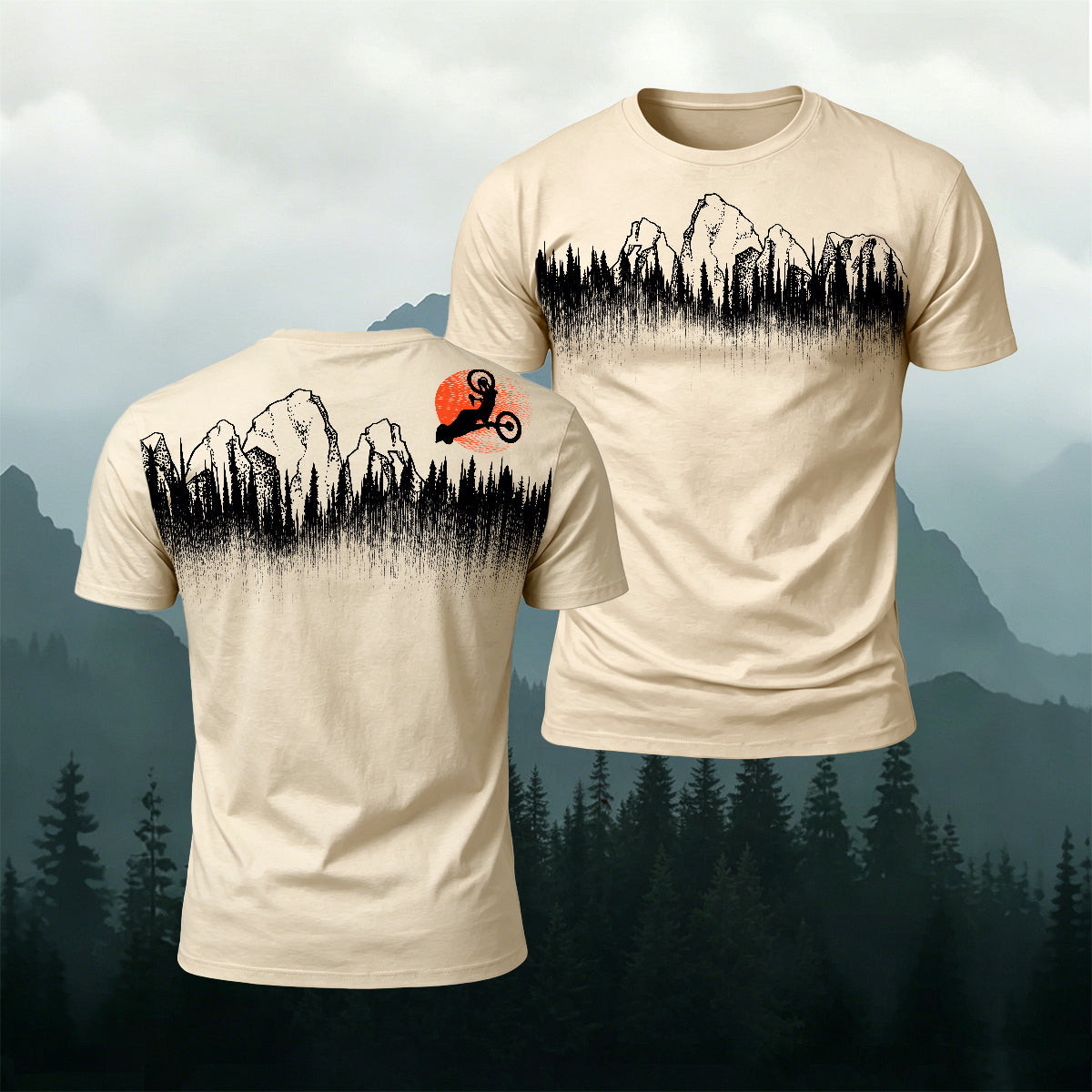 Mountain Biking Print Natural Casual T-Shirt
