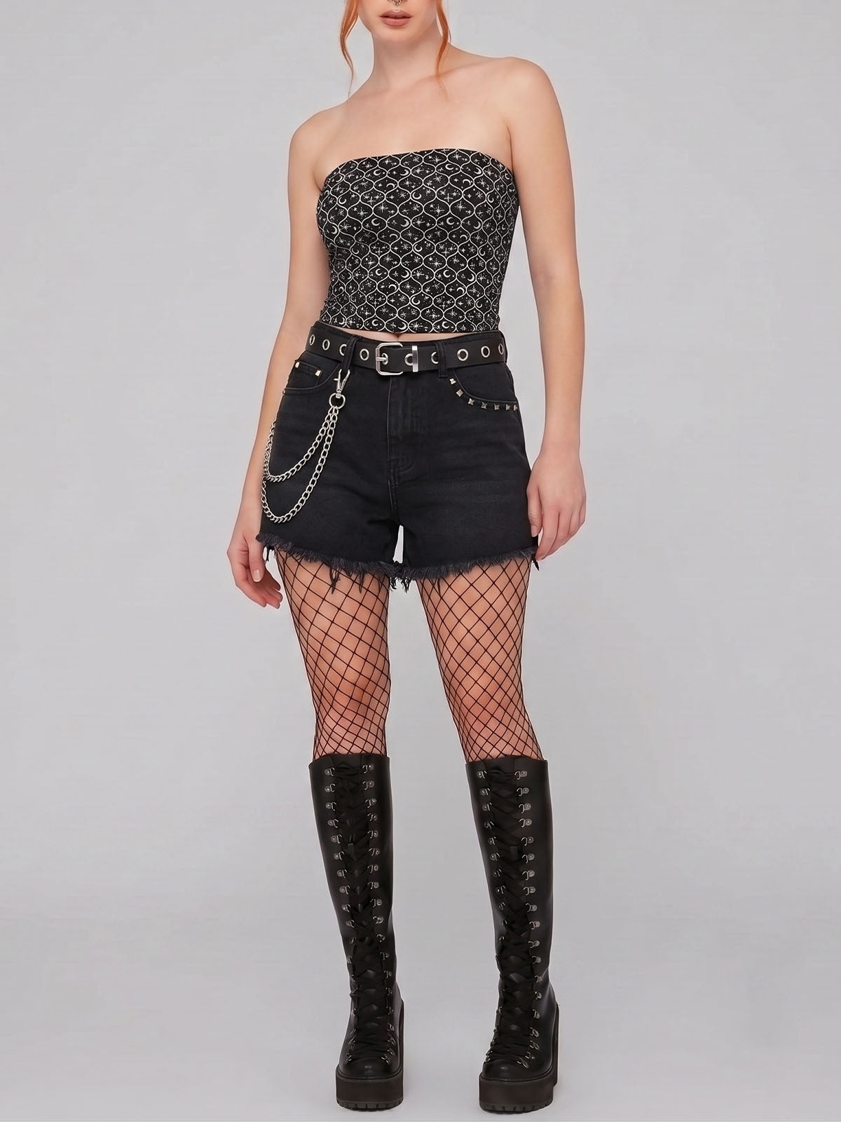 Gothic Star Moon Print Strapless Sleeveless Top