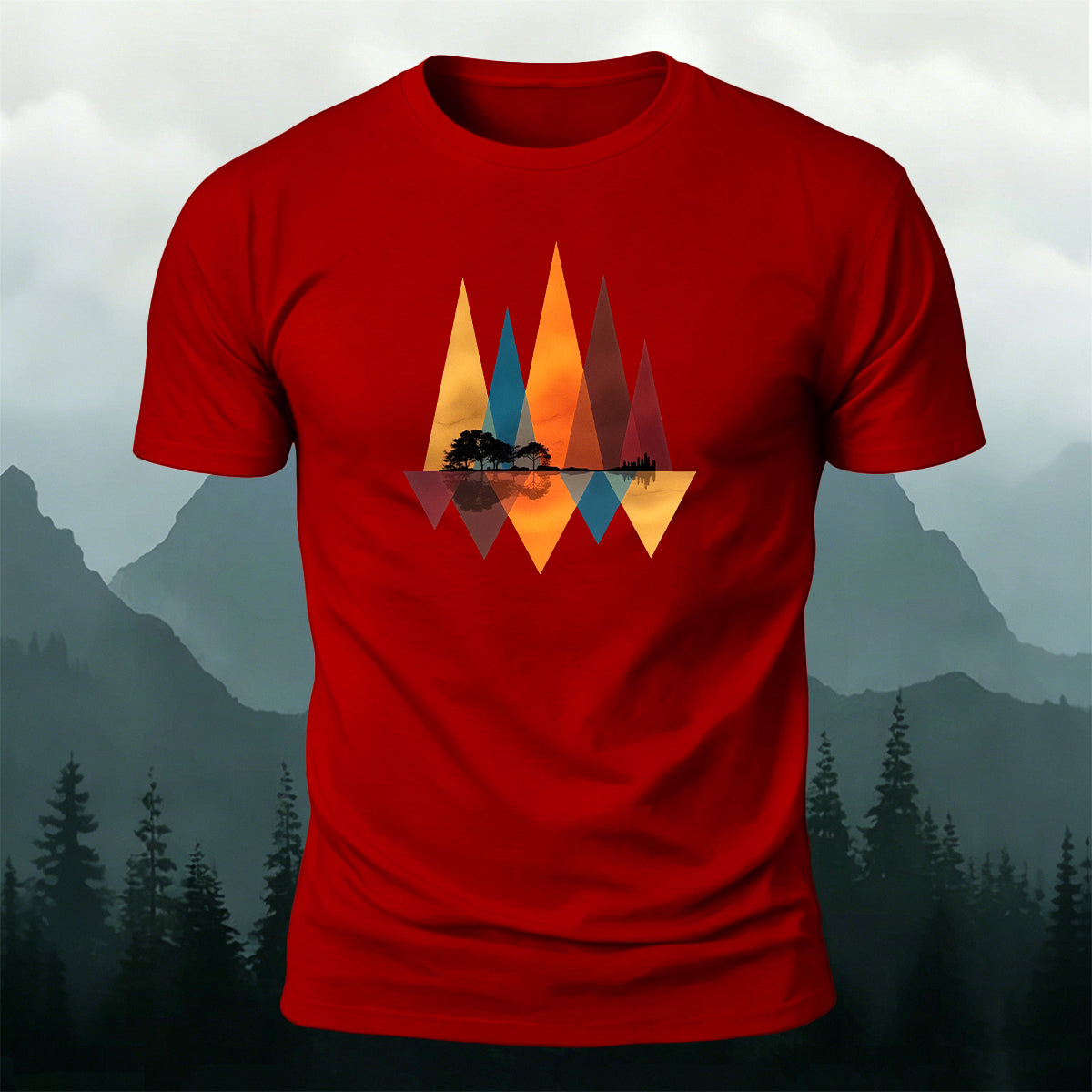 Geometric Mountain Reflection Print Cotton T-Shirt