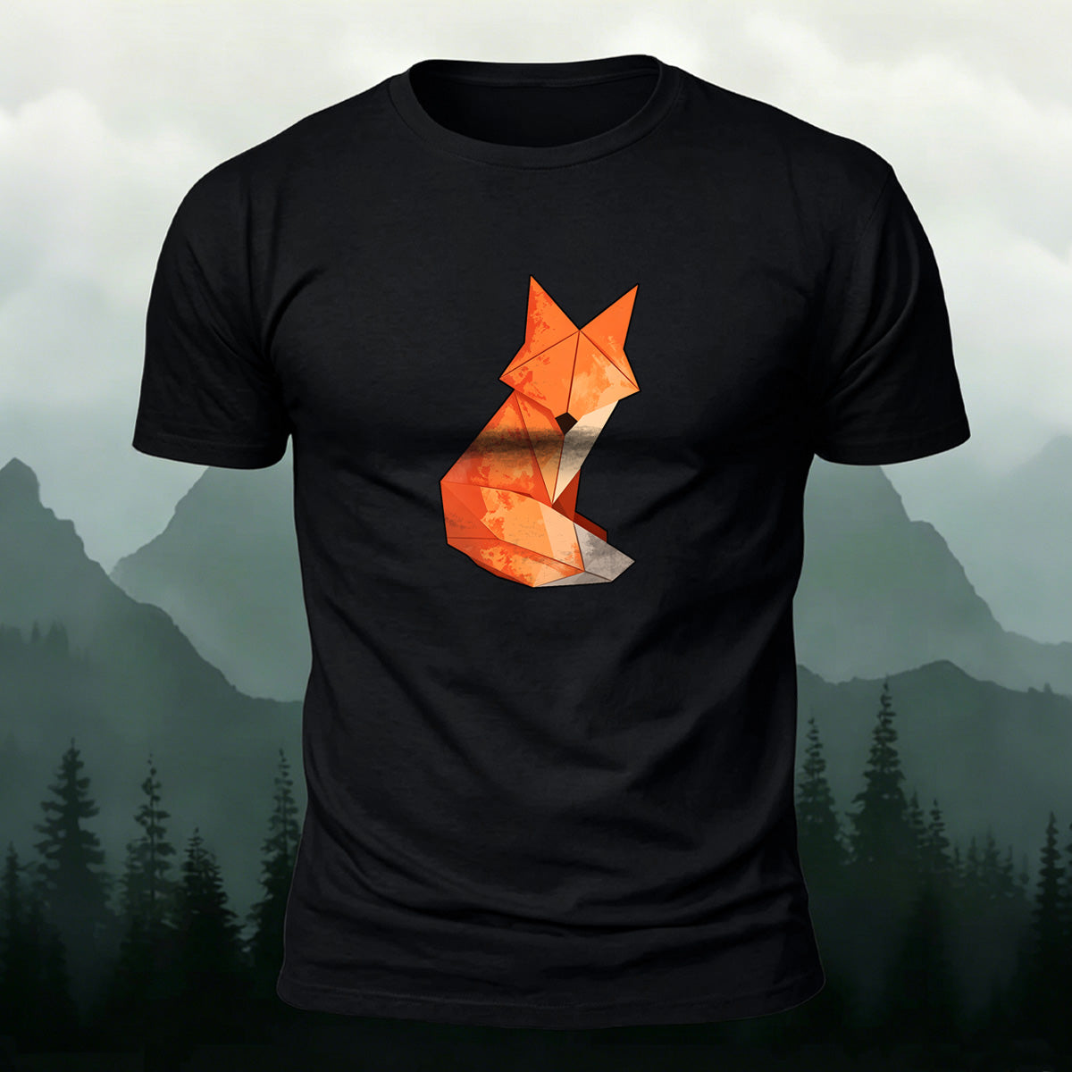 Origami Fox Print Premium Cotton Casual T-Shirt Black