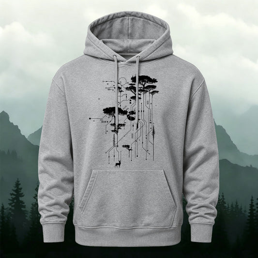 Cotton-Blend Tech Forest Circuit Print Versatile Hoodie