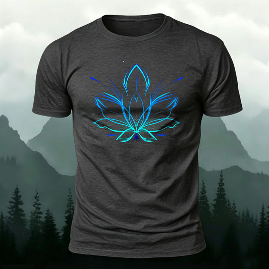 Blue Glowing Lotus Sacred Geometry Line Art Printed T-Shirt