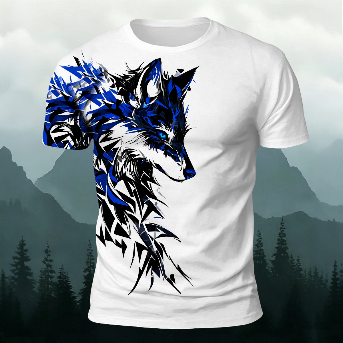 Vintage Giant Wolf Mythology Print Casual Cotton T-Shirt