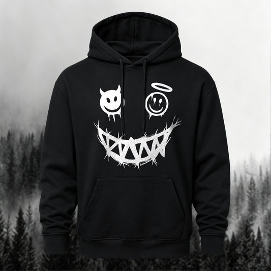 Cotton-Blend Good & Evil Spiky Smile Print Versatile Hoodie