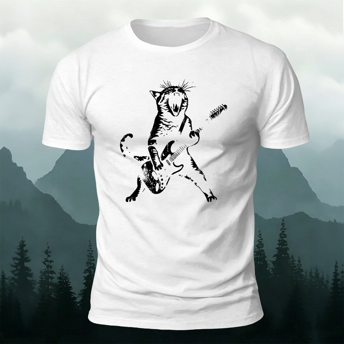Cotton Rock ‘n’ Roll Cat Print Casual T-Shirt
