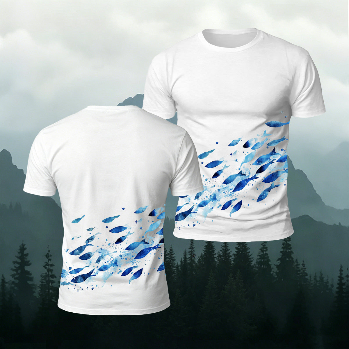 Blue Sardine Print Casual Cotton T-Shirt