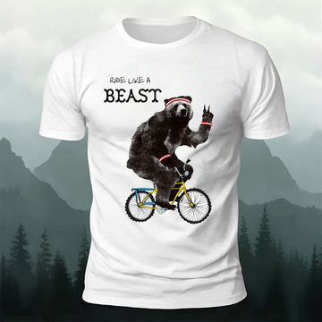 Soft Cotton Black Bear Cycling Print Crew Neck T-Shirt