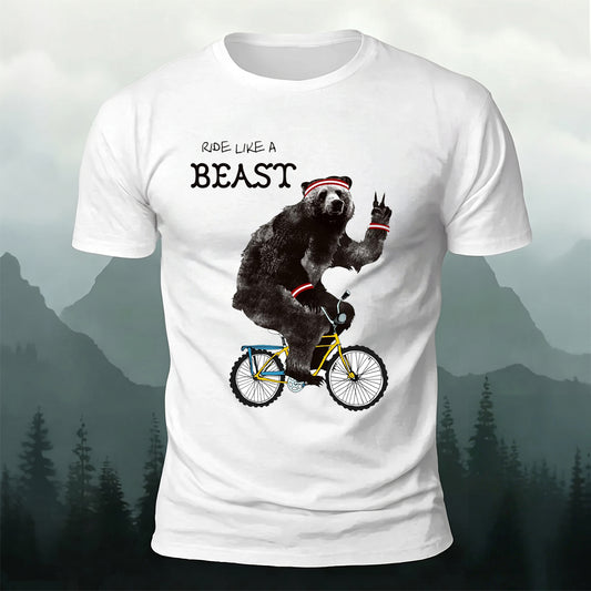 Soft Cotton Black Bear Cycling Print Crew Neck T-Shirt